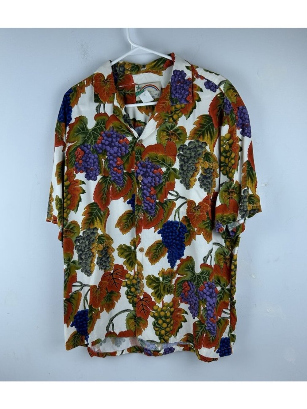 Paradise Found Hawaiian Shirt Mens L White Wine Grapes Print Cotton |USA